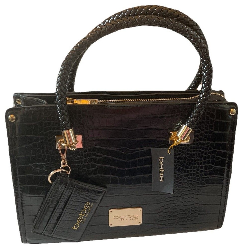 NEW Bebe Bella Croco Purse Satchel Black with Card Case MSRP $109